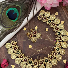 Vriksham Gold Look Alike Ganesha With Lakshmi Coin Short Neckpiece-Red Green-G18124