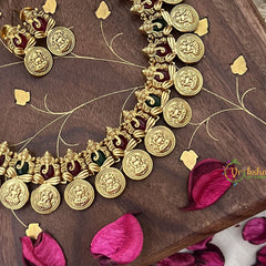 Vriksham Gold Look Alike Ganesha With Lakshmi Coin Short Neckpiece-Red Green-G18124