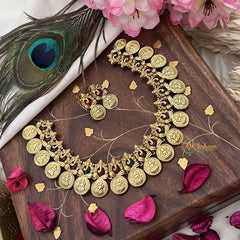 Vriksham Gold Look Alike Ganesha With Lakshmi Coin Short Neckpiece-Red Green-G18124