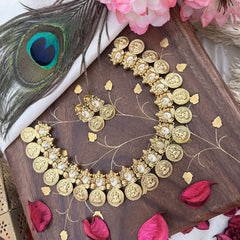 Vriksham Gold Look Alike Ganesha With Lakshmi Coin Short Neckpiece-White-G18126