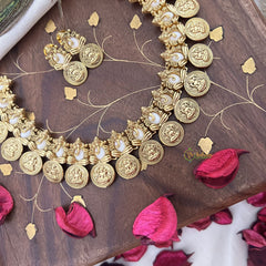 Vriksham Gold Look Alike Ganesha With Lakshmi Coin Short Neckpiece-White-G18126