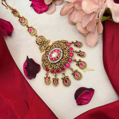 Vriksham Floral Center & Teardrop Dangles Maang Tikka-Red White-Pearls-J4227