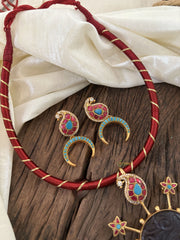 Statement Dual Tone Jadau Kundan Dokri Rope Neckpiece -Red-J1868