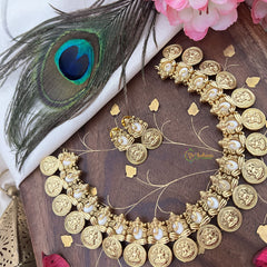 Vriksham Gold Look Alike Ganesha With Lakshmi Coin Short Neckpiece-White-G18126