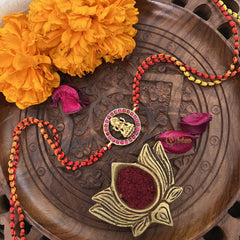 Vriksham Rakshabandhan Kundan Jadau Round Lakshmi Pendant Rakhi-Red -G18951
