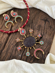 Statement Dual Tone Jadau Kundan Dokri Rope Neckpiece -Red-J1868