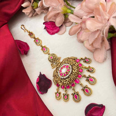 Vriksham Floral Center & Teardrop Dangles Maang Tikka-Red White-Pearls-J4227