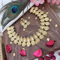 Vriksham Gold Look Alike Ganesha With Lakshmi Coin Short Neckpiece-White-G18126