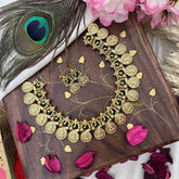 Vriksham Gold Look Alike Ganesha With Lakshmi Coin Short Neckpiece-Green-G18125