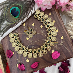 Vriksham Gold Look Alike Ganesha With Lakshmi Coin Short Neckpiece-Green-G18125