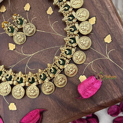 Vriksham Gold Look Alike Ganesha With Lakshmi Coin Short Neckpiece-Green-G18125