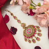 Vriksham Floral Center & Teardrop Dangles Maang Tikka-Red Green-Pearls-J4228