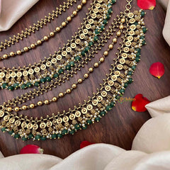Vriksham Bahubali Style Gold-Finish 3 Layer With Pearls & Green Bead Maatil-G21406