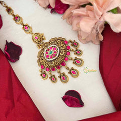 Vriksham Floral Center & Teardrop Dangles Maang Tikka-Red Green-Pearls-J4228