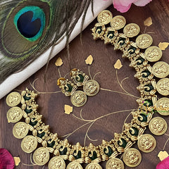 Vriksham Gold Look Alike Ganesha With Lakshmi Coin Short Neckpiece-Green-G18125