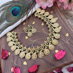 Vriksham Gold Look Alike Ganesha With Lakshmi Coin Short Neckpiece-Green-G18125