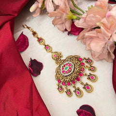 Vriksham Floral Center & Teardrop Dangles Maang Tikka-Red Green-Pearls-J4228