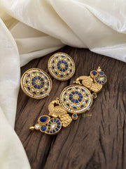 Gold Look Alike Jadau Kundan High Neck Choker- Blue-J1835