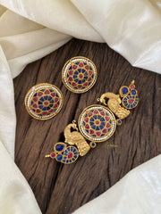 Gold Look Alike Jadau Kundan High Neck Choker -Blue Red-J1833