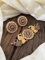 Gold Look Alike Jadau Kundan High Neck Choker -Blue Red-J1833