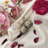 Vriksham Handcrafted White Kundan Dome Jadau Jhumkas-Green Bead-J3614