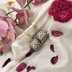 Vriksham Handcrafted White Kundan Dome Jadau Jhumkas-Green Bead-J3614