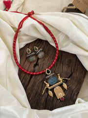 Dokri Rope Dual Tone Jadau Kundan Short Neckpiece -Red-J1867