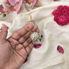 Vriksham Handcrafted White Kundan Dome Jadau Jhumkas-Green Bead-J3614