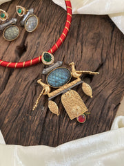 Dokri Rope Dual Tone Jadau Kundan Short Neckpiece -Red-J1867