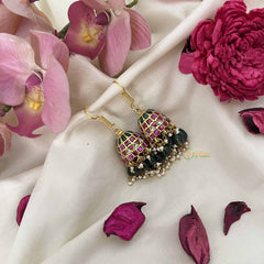 Vriksham Antique Gold Dome Kundan Jadau Jhumkas-Red Green-Green Bead-J3615