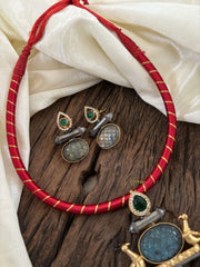 Dokri Rope Dual Tone Jadau Kundan Short Neckpiece -Red-J1867