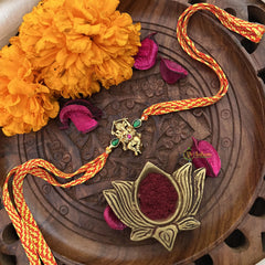 Vriksham Rakshabandhan Kundan Jadau Shree Ganesha Pendant Rakhi-Green Red-G18976