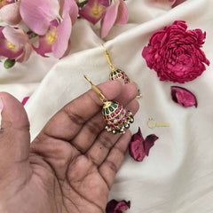 Vriksham Antique Gold Dome Kundan Jadau Jhumkas-Red Green-Green Bead-J3615