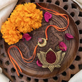 Vriksham Rakshabandhan Kundan Jadau Golden Half Moon With Flower Pendant Rakhi-Red White-G18960