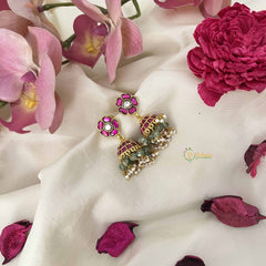 Vriksham Simple Floral Kundan Jadau Jhumkas-Red White-Green Bead & Pearl-J3616