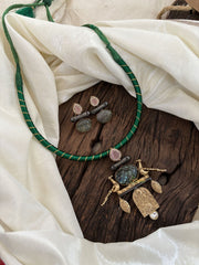 Dokri Rope Dual Tone Jadau Kundan Short Neckpiece -Green-J1866