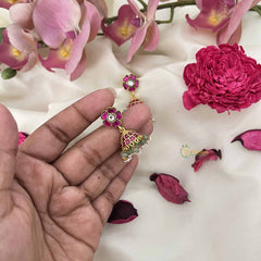 Vriksham Simple Floral Kundan Jadau Jhumkas-Red White-Green Bead & Pearl-J3616