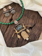 Dokri Rope Dual Tone Jadau Kundan Short Neckpiece -Green-J1866