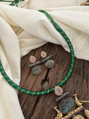 Dokri Rope Dual Tone Jadau Kundan Short Neckpiece -Green-J1866