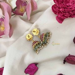 Vriksham Simple Floral Kundan Jadau Jhumkas-Red White-Green Bead & Pearl-J3616
