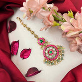 Vriksham Indian Bridal Floral Kundan Jadau Maang Tikka-Red Green & White-Green Bead-J4237