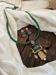 Dokri Rope Dual Tone Jadau Kundan Short Neckpiece -Green-J1866
