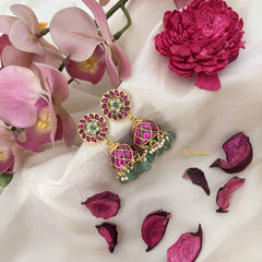 Vriksham Vintage Radiance Kundan Jadau Jhumkas-Red White & Green-Green Bead & Pearl-J3617