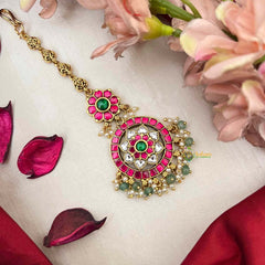 Vriksham Indian Bridal Floral Kundan Jadau Maang Tikka-Red Green & White-Green Bead-J4237