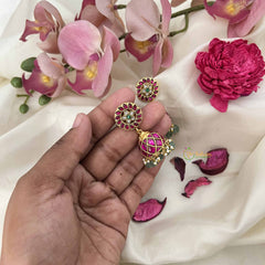 Vriksham Vintage Radiance Kundan Jadau Jhumkas-Red White & Green-Green Bead & Pearl-J3617