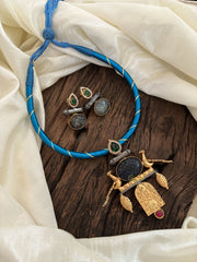 Dokri Rope Dual Tone Jadau Kundan Short Neckpiece -Light Blue -J1865