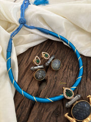 Dokri Rope Dual Tone Jadau Kundan Short Neckpiece -Light Blue -J1865