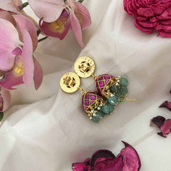 Vriksham Vintage Radiance Kundan Jadau Jhumkas-Red White & Green-Green Bead & Pearl-J3617