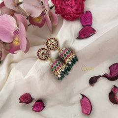 Vriksham Circular Kundan Tops with Dome Drops Jhumkas-Red White & Green-Green Bead & Pearl-J3618