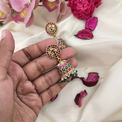 Vriksham Circular Kundan Tops with Dome Drops Jhumkas-Red White & Green-Green Bead & Pearl-J3618